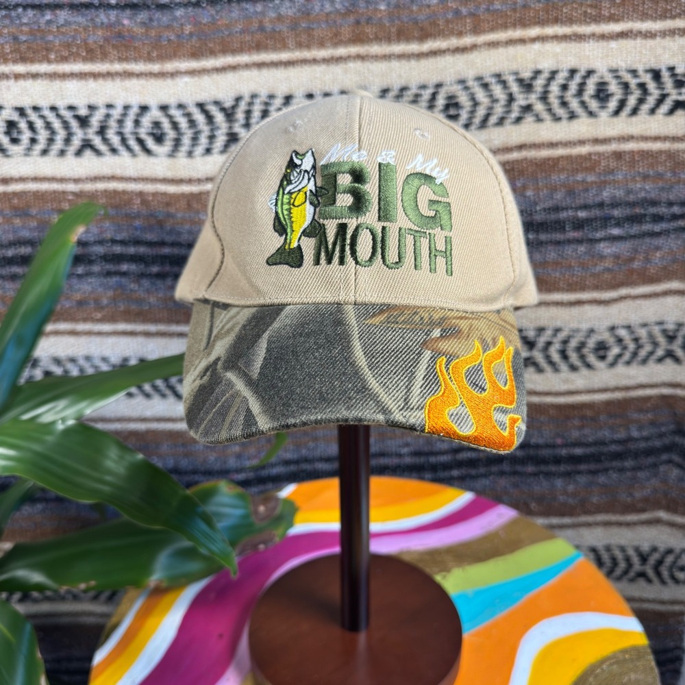Me & My Big Mouth Bass Fishing Hat Tan Camo Flame Embroidered Baseball Cap OSFA